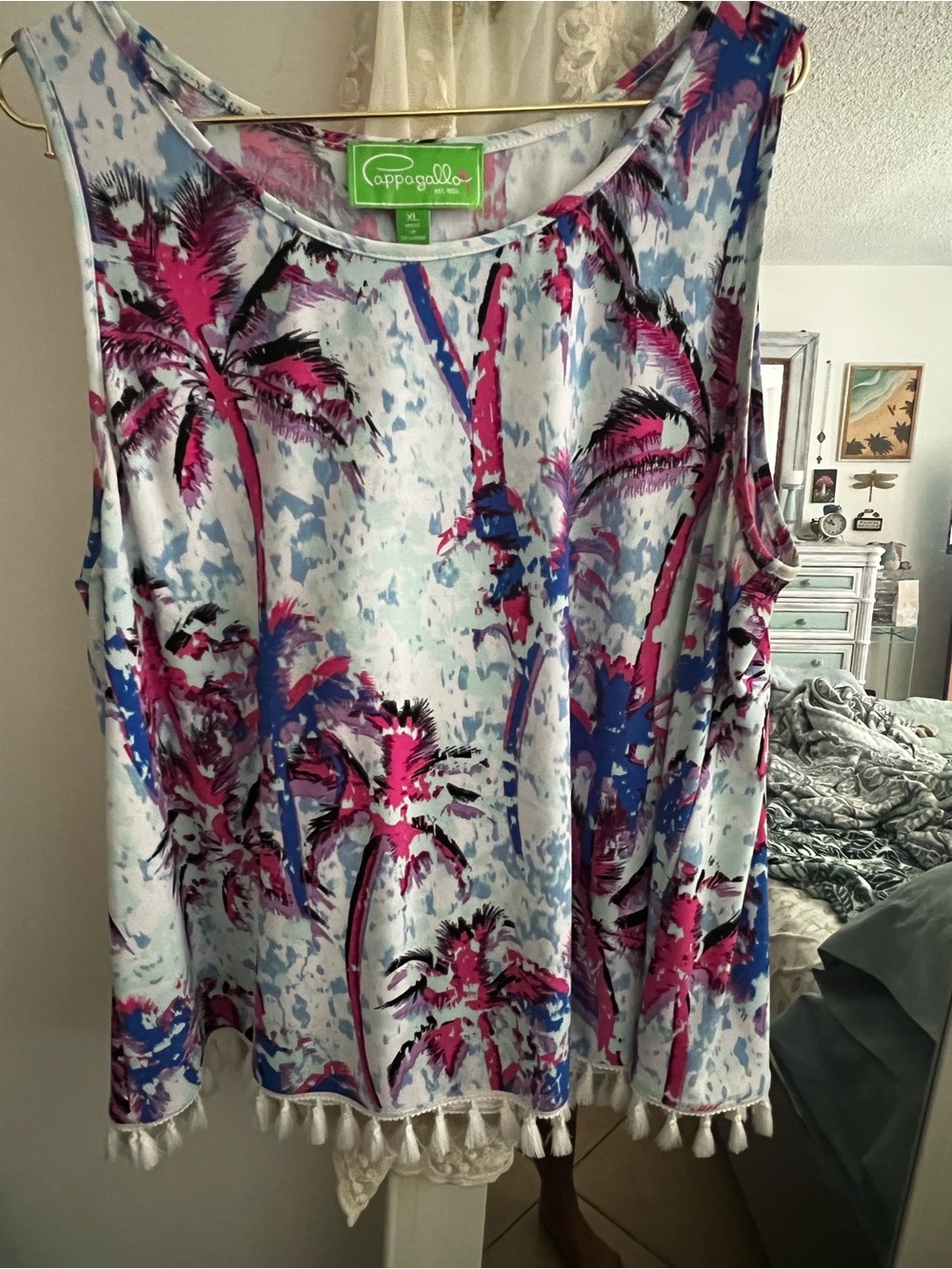 Pappagallo White Pink Blue Palm Tassel Tank
